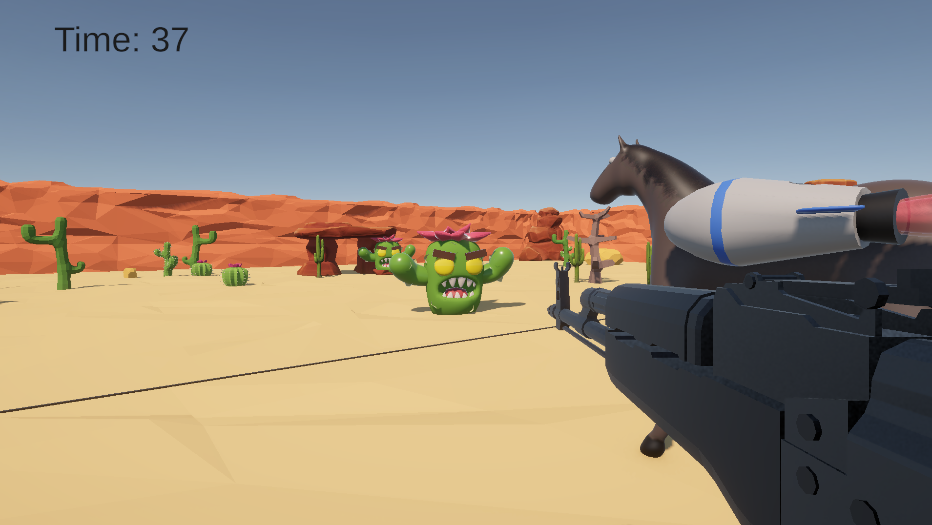 Cactus Countdown first-person desert gameplay with cactus monsters approaching