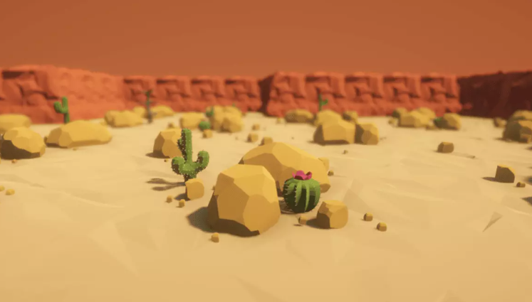 Wide environmental view of the stylized desert, rocks, and cacti in Cactus Countdown