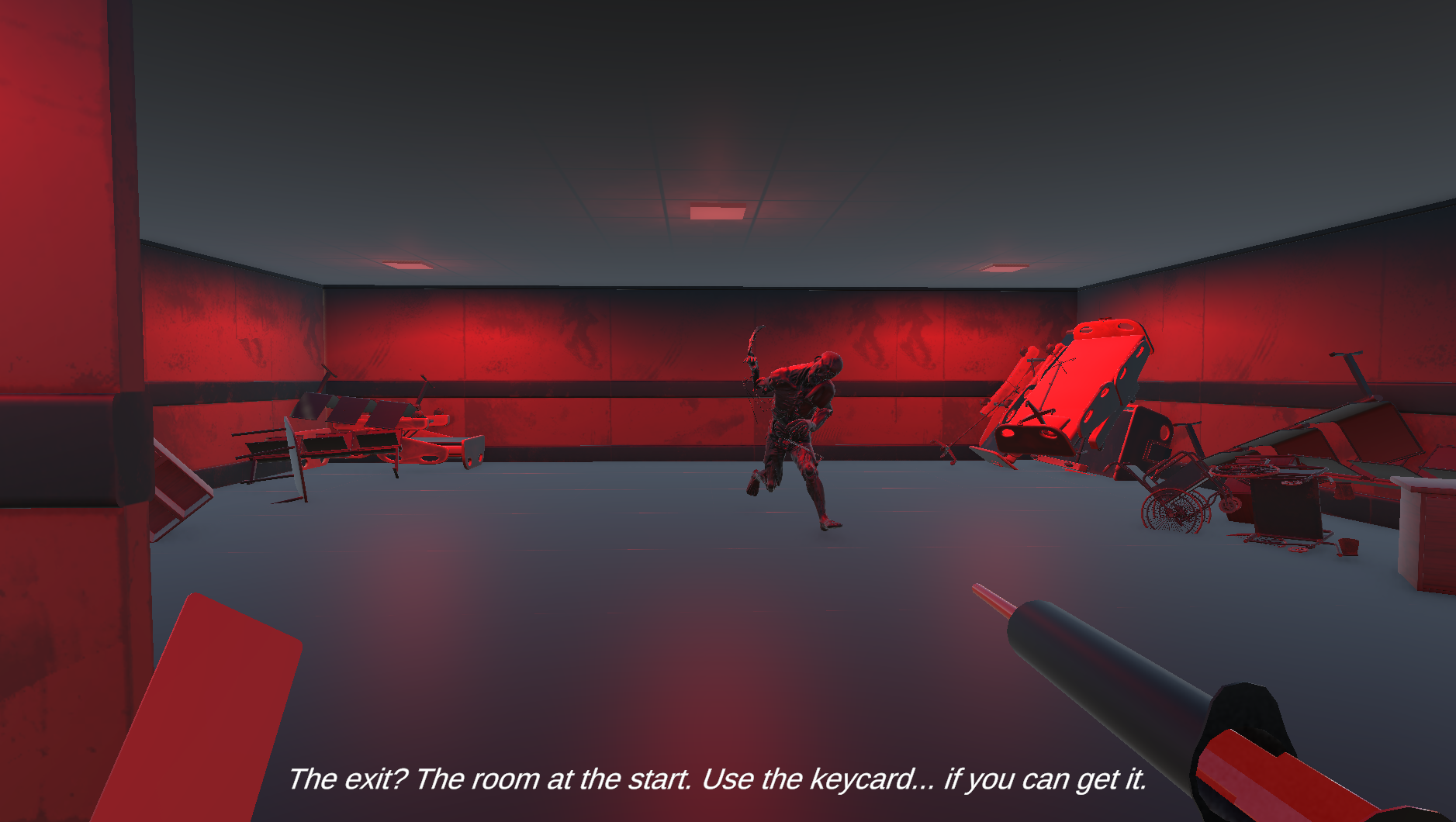 Crimson Hours first-person gameplay in a dim industrial interior
