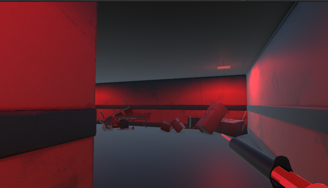 Red-lit hospital corridor explored from the first-person perspective in Crimson Hours