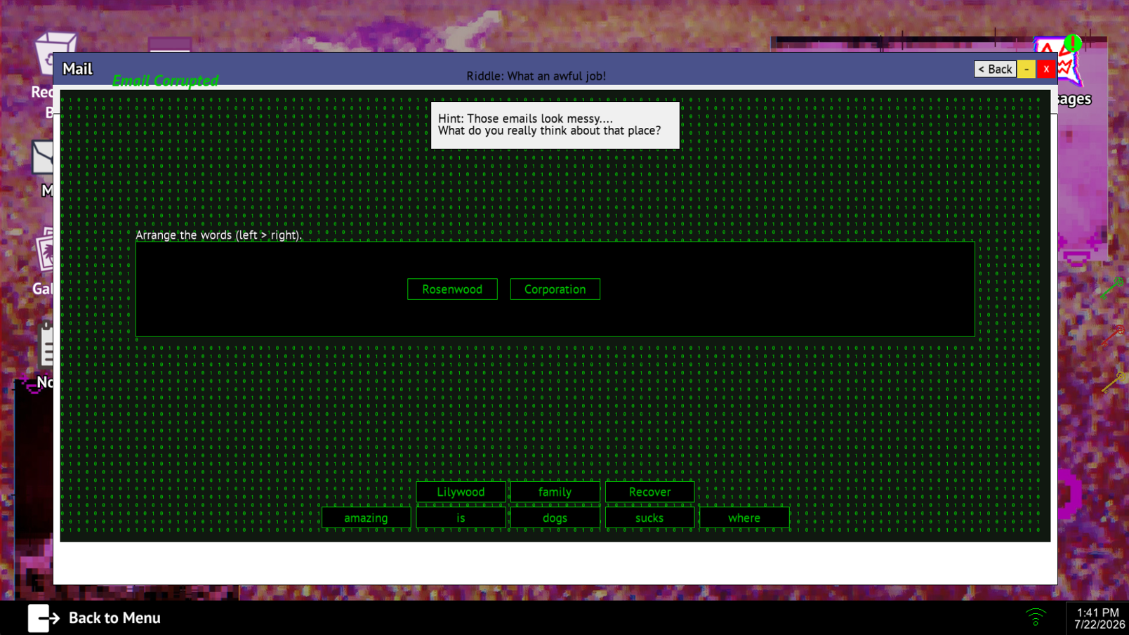 FileNotFound corrupted email riddle with draggable words and a hidden clue