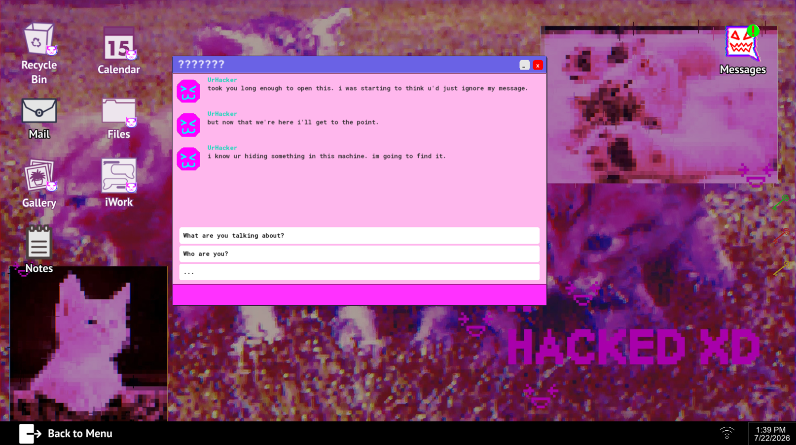 The hacked FileNotFound desktop with a mysterious message window and corrupted visuals