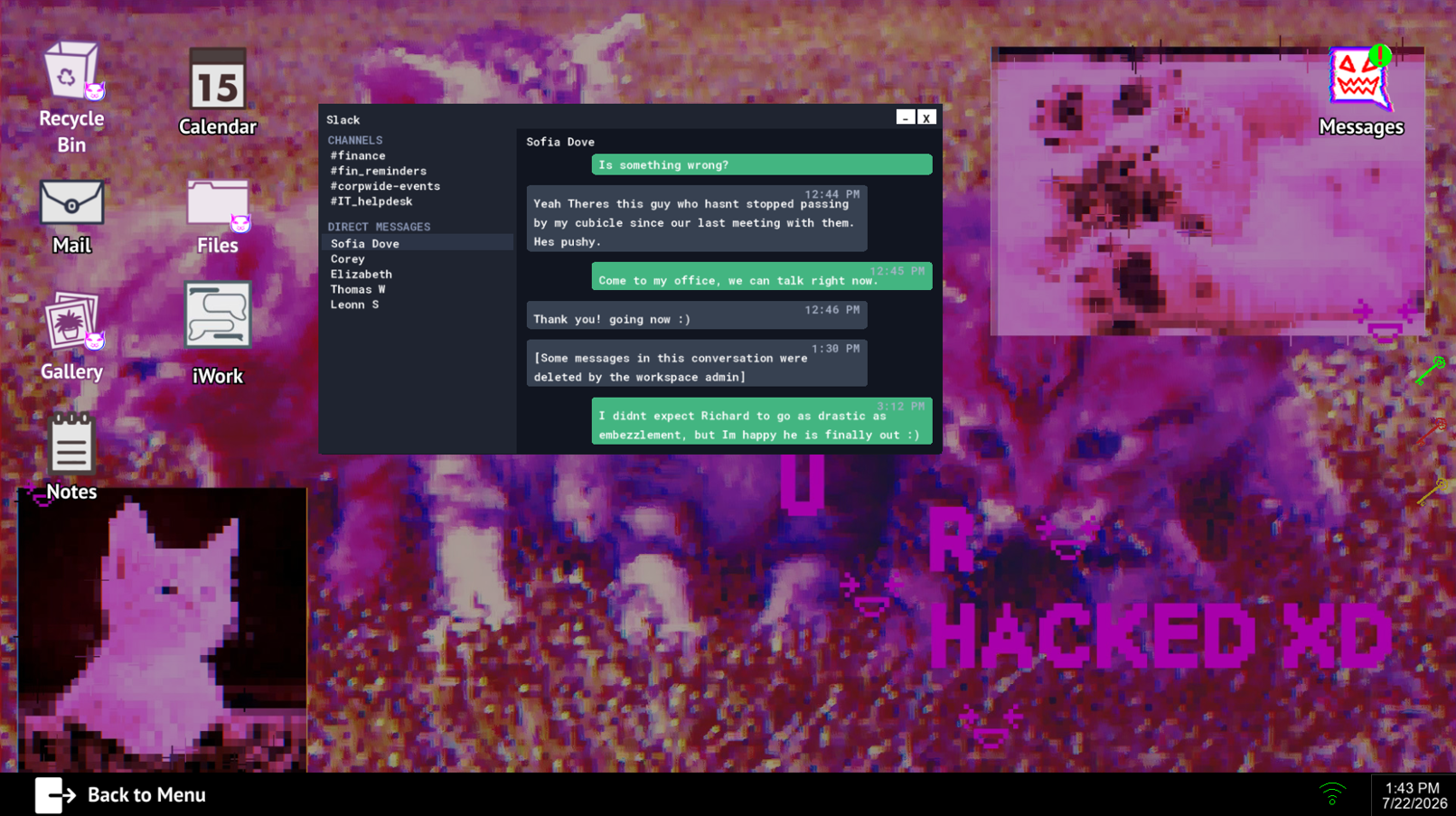 A workplace chat application revealing narrative clues in FileNotFound
