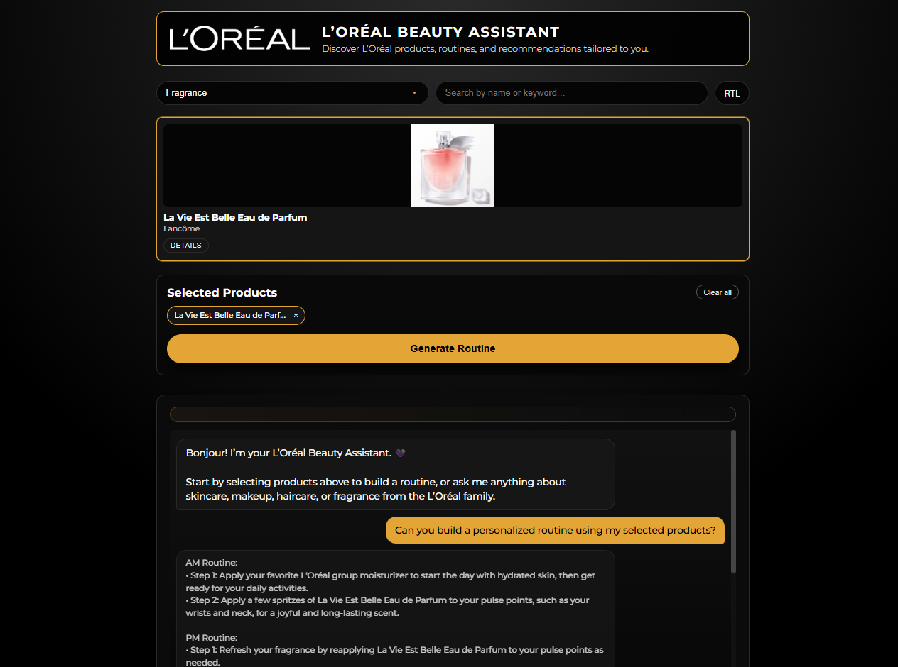 L’Oréal chatbot web interface with product conversation and suggested questions