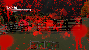 Meowtopia combat feedback with a dramatic blood-splatter effect across the screen