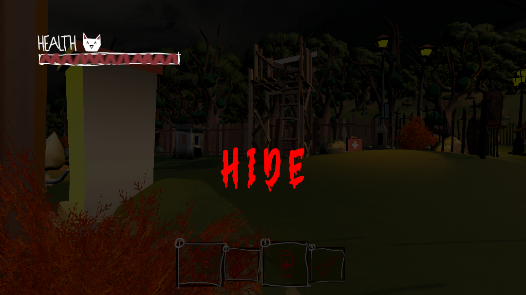 Meowtopia player hiding in a dark forest while the survival inventory remains visible