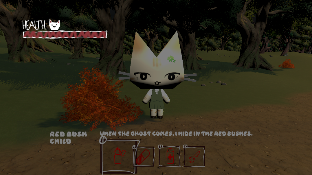 A ghost child gives the player a red-bush hiding clue in Meowtopia