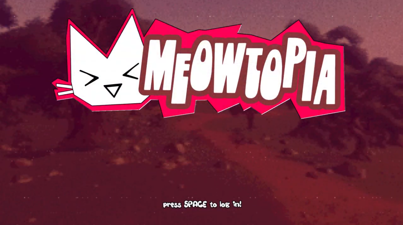 Meowtopia title screen with the game logo over its dark forest world