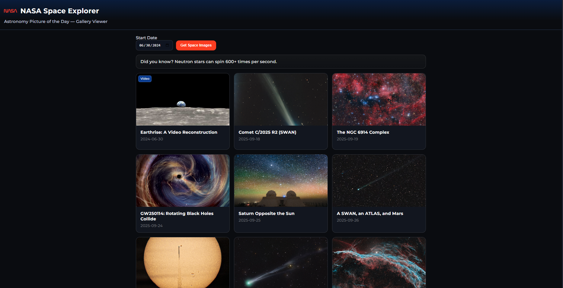 NASA Space Explorer page presenting an astronomy image, date controls, and explanatory text